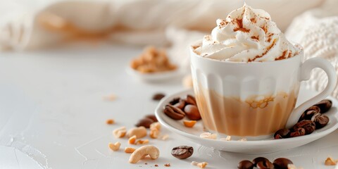 A cozy cup of cappuccino topped with whipped cream and a sprinkle of cinnamon, surrounded by coffee beans and nuts, on a soft white surface.