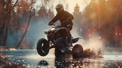 person drive atv vehicle on offroad track, extreme sport activities theme, in the river, created with generative ai