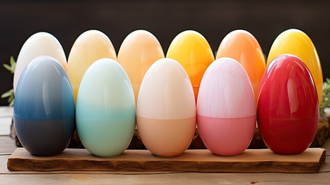 A variety of colorful Easter eggs are arranged on a wooden table. The eggs are different colors, including blue, green, yellow, orange, and pink.