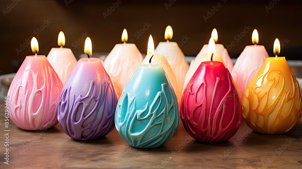 Poster group of colorful candles on a wooden table. the candles are in the shape of an egg and have differe