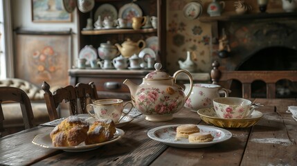 Fototapeta premium Teapot: A teapot stands on a rustic wooden table, surrounded by mismatched teacups and a plate of freshly baked scones, in a quaint English countryside kitchen