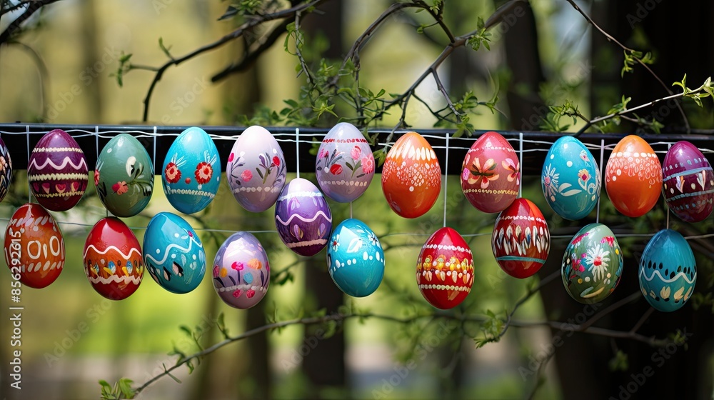 Poster a beautiful image of colorful easter eggs hanging from a tree branch. the eggs are painted in variou