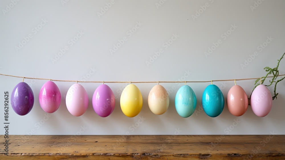 Poster a beautiful image of a string of easter eggs hanging from a clothesline against a rustic wooden back