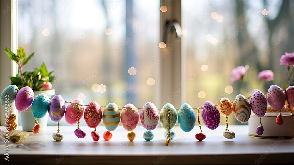 Poster a beautiful image of a window sill decorated with easter eggs. the eggs are painted in various color
