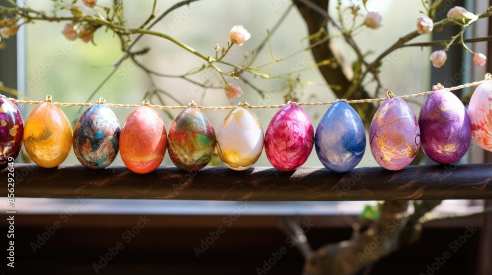 Poster a beautiful image of a string of easter eggs hanging from a branch of a tree. the eggs are painted i