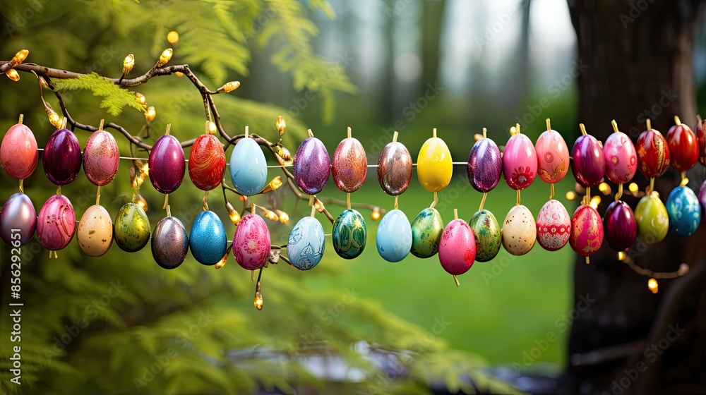 Poster a beautiful image of a string of easter eggs hanging from a tree branch. the eggs are decorated in a