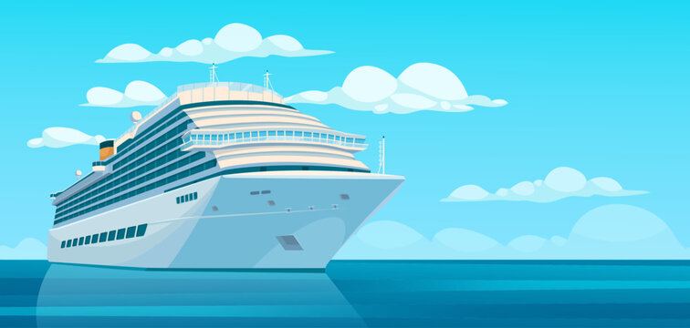Illustration of a cruise ship on calm water, with a clear sky and clouds in the background. Concept of travel and vacations. Vector illustration