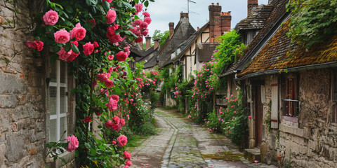 A picturesque cobblestone street in gerberoy, france, adorned with blooming roses
