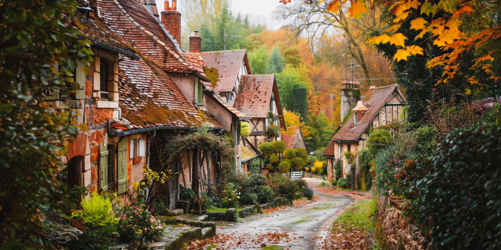 Autumnal street scene in gerberoy village, oise, hauts-de-france
