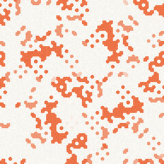 Faded peach fuzz glitch geo washed effect seamless pattern. Orange dye grungy blotched distress abstract background texture repeat. 