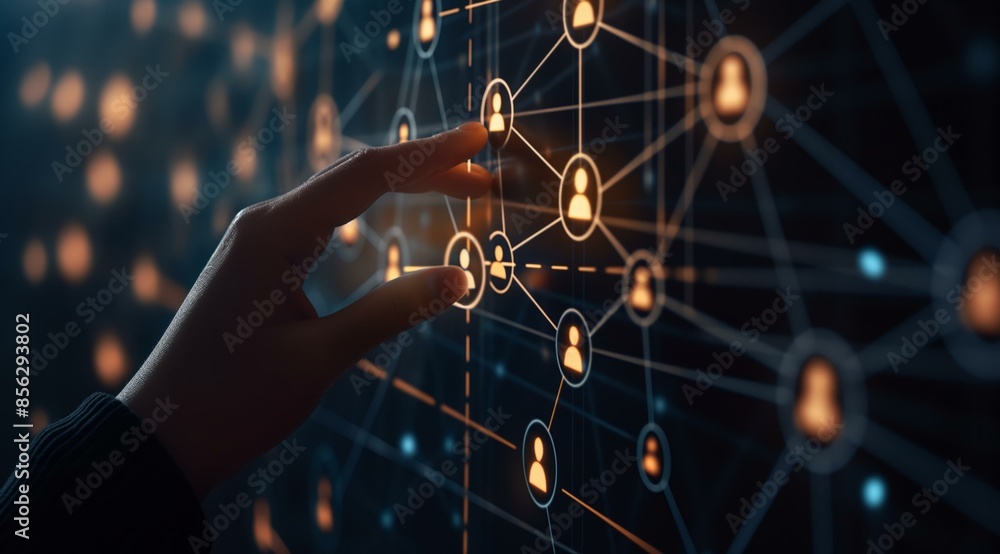 Poster an abstract digital representation of a social network, with a hand touching interconnected nodes sy