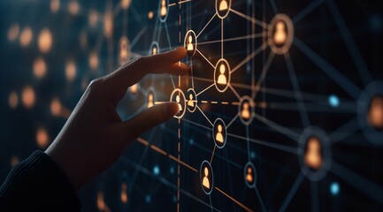 An abstract digital representation of a social network, with a hand touching interconnected nodes symbolizing user profiles. The dark background contrasts with bright, glowing nodes,