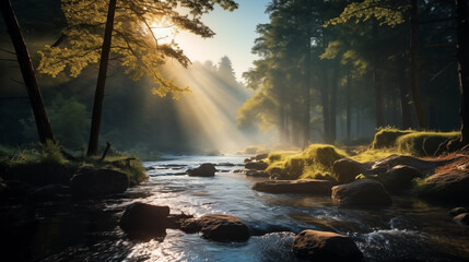 river in the middle of the forest at the morning