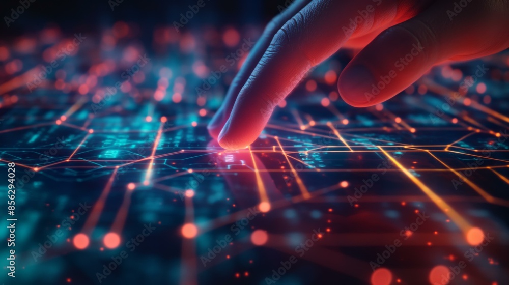 Poster a close-up of a finger touching a digital interface illuminated with glowing lines and nodes. the im