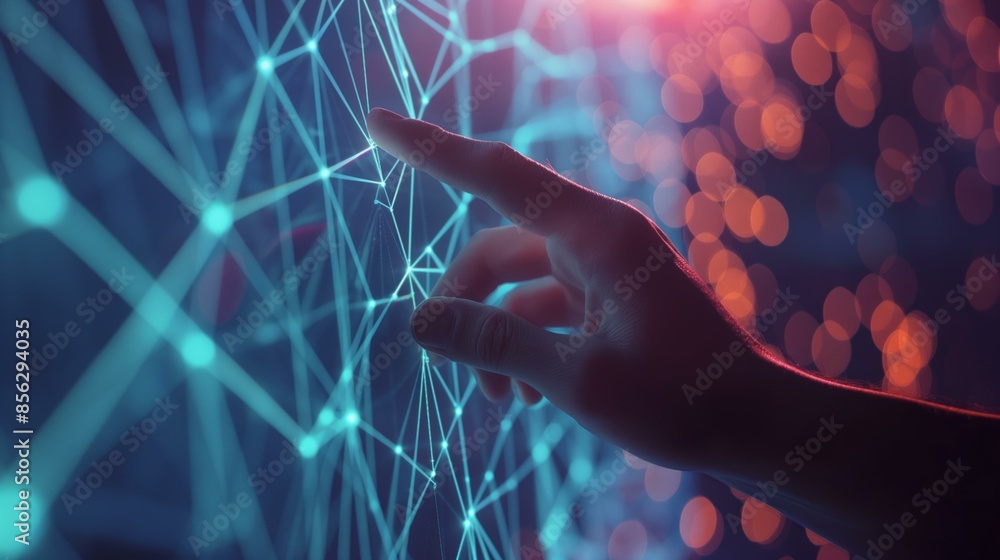 Aufkleber close-up of a hand interacting with a digital screen displaying a connected network of glowing nodes