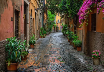 Obraz premium A picturesque alley with ancient buildings and greenery. The cobblestone street is lined with historic architecture, while ivy-covered walls add to the quaint charm of the scene, Generative Ai 