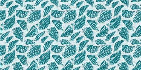 Teal turquoise blue white shell motif with linen seamless batik border background. Modern coastal beach cottage rustic shell block print home decor pattern design in sealife banner beach style. 