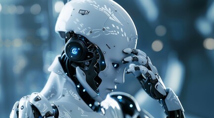 The robot thinks or analyzes. AI Assistant is deliberating on the best course of action. Backdrop with copy space