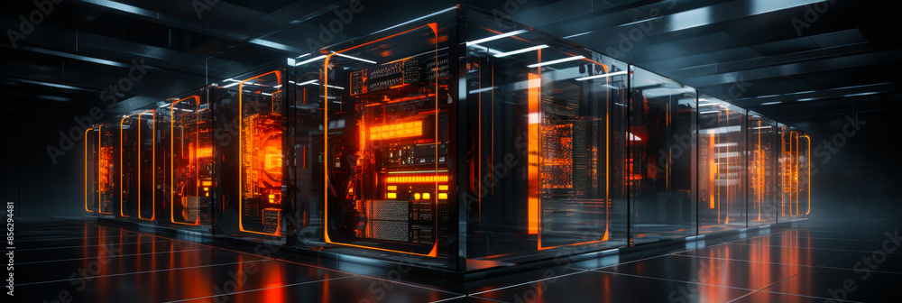 Poster futuristic data center: cutting-edge compact server cluster, network devices module, advanced corpor