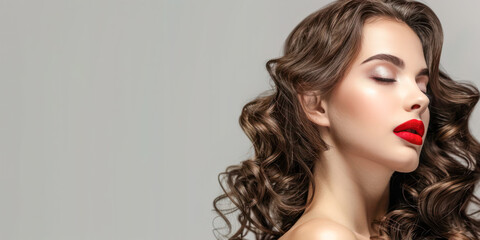 Naklejka premium Elegant woman with wavy hair and bold red lips in a close-up portrait on a gray background with copy space.