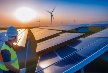 Engineer examining solar panel plant and wind turbines