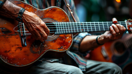 Fototapeta premium Closeup of hands playing a classic guitar.