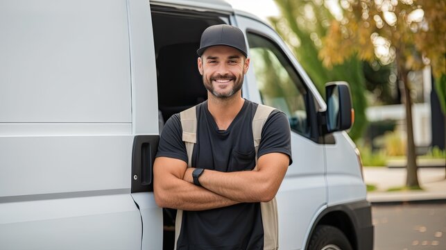 A delivery man standing next to his van, smiling at the camera. He is wearing a black t-shirt, a black cap, and a black vest.
