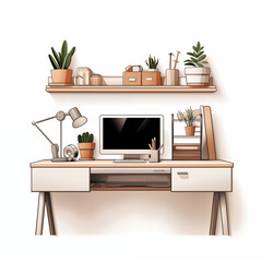 Stylish Home Office Desk with Computer and Greenery, Ideal for a Modern and Productive Workspace