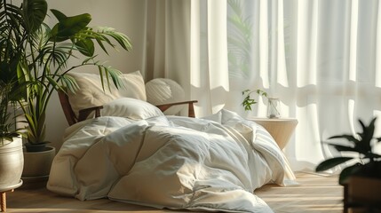 Soft pillows, a duvet, a chair, and a houseplant indoors.