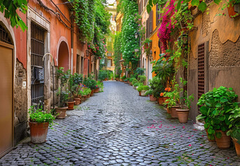 A picturesque alley with ancient buildings and greenery. The cobblestone street is lined with historic architecture, while ivy-covered walls add to the quaint charm of the scene, Generative Ai 