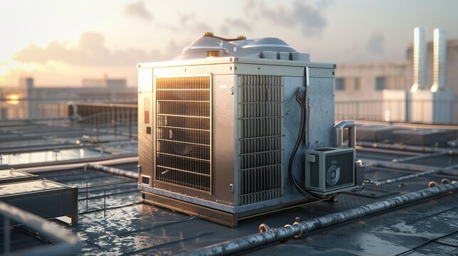 3D rendering of a condenser unit or compressor on the rooftop of an industrial plant or factory. This unit is part of an AC or air conditioning, HVAC