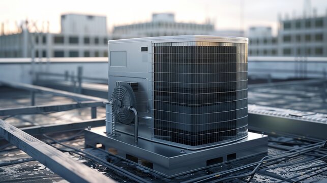 3D rendering of a condenser unit or compressor on the rooftop of an industrial plant or factory. This unit is part of an AC or air conditioning, HVAC
