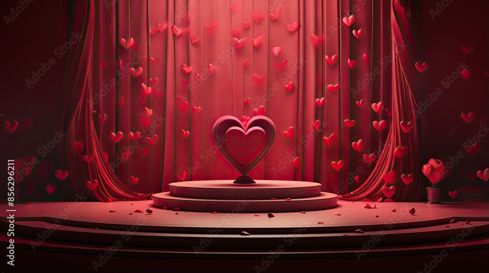Poster this is a beautiful 3d rendering of a stage with a red heart on a pedestal in the center.