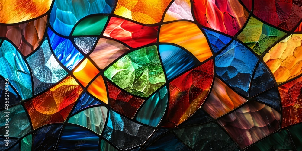 Poster a colorful stained glass window with many different colored pieces. the window is very colorful and 