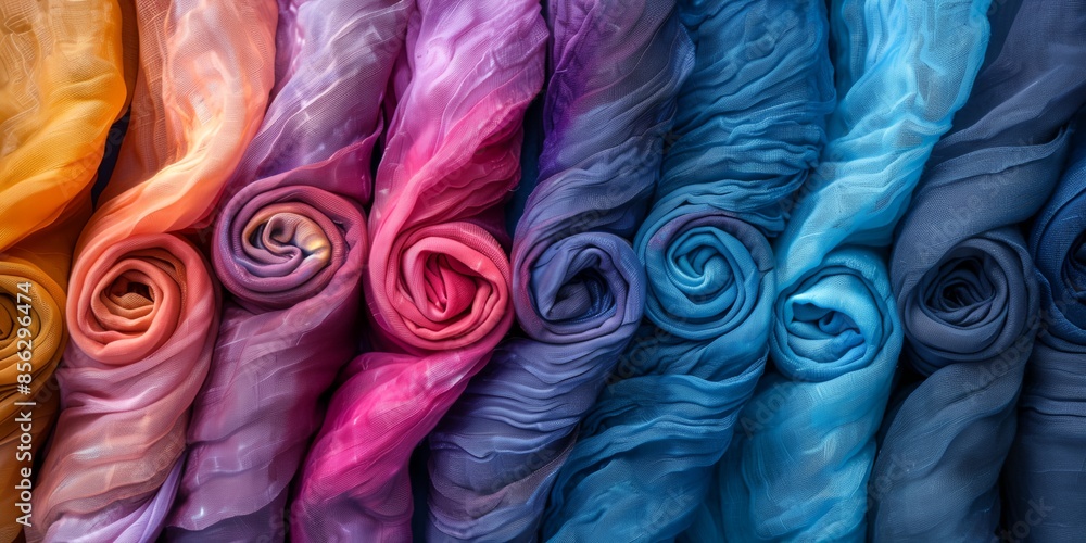 Poster a row of colorful scarves are displayed in a store window. the scarves are arranged in a spiral patt