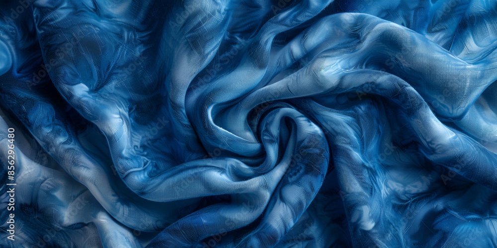Poster a blue fabric with a pattern of waves and clouds. the fabric is rolled up and has a blue color