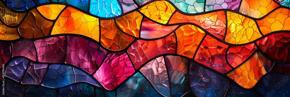 Poster a colorful stained glass window with many different colored pieces. the window is very colorful and 
