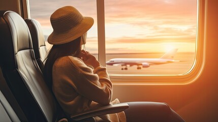 Naklejka premium Young woman sitting on the plane and looking through the window at the sunset. She is wearing a hat and a warm sweater.