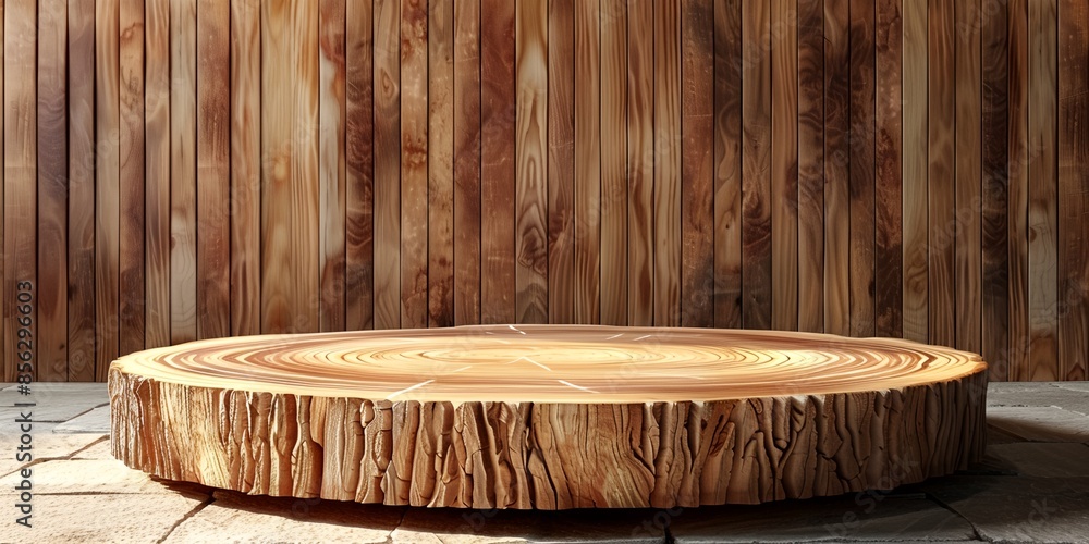 Poster a wooden log is on a stage with place for product presentation the stage is empty