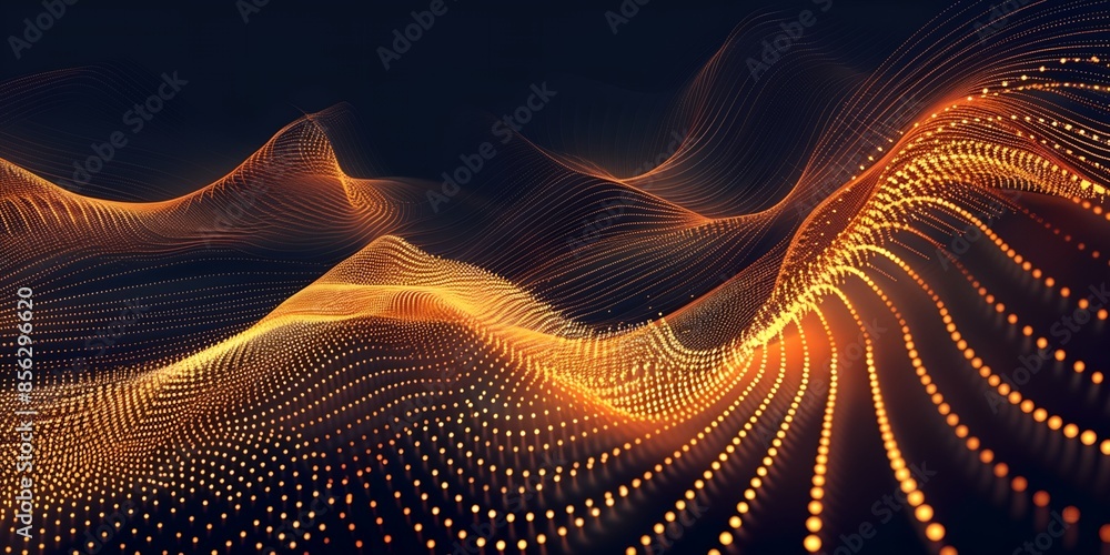 Poster a wave of orange and black dots. the dots are scattered all over the image, creating a sense of move