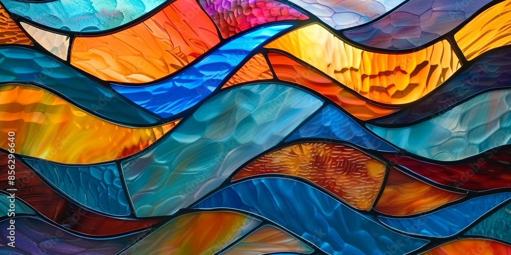 Poster a colorful stained glass window with many different colored pieces. the window is very colorful and 