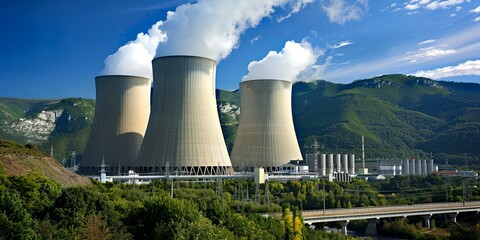 Three large power plants are visible in the distance, with smoke billowing from their smokestacks. The scene is peaceful and serene