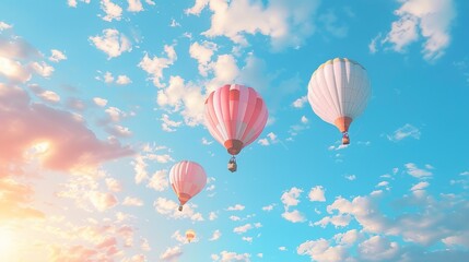 Naklejka premium Hot air balloon ride against a backdrop of blue sky with white clouds, ideal for a wide banner of a travel agency or adventure tour. Capturing the romance of ballooning in perfect weather conditions