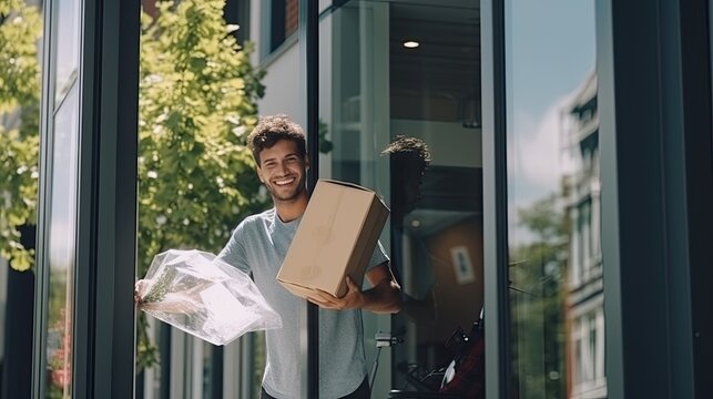 A young man is standing in front of a door, holding a box. He is smiling and looks happy.