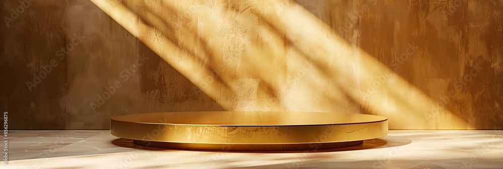 Poster a gold table with a shadow on the wall. the table is round and has a shiny surface