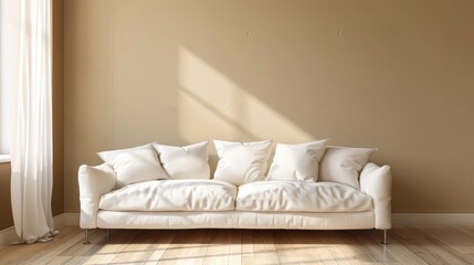 Comfortable white couch beside beige wall