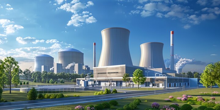 A large power plant with a lot of smoke coming out of it. The sky is blue and there are trees in the background