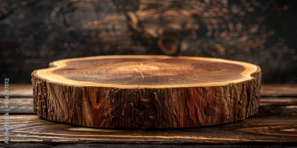 Poster a wooden log is on a stage with place for product presentation the stage is empty