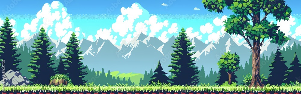 Poster a computer generated image of a forest with mountains in the background. the sky is blue and the tre
