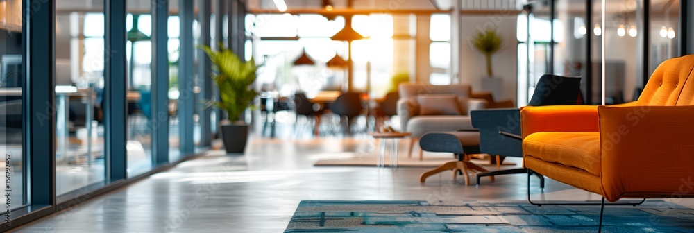 Poster a large open office space with a lot of natural light and plants. the room is filled with desks and 